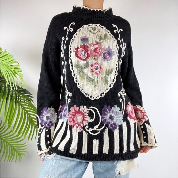 Women's Vintage Boaz Black Cottagecore Floral Oversized Knit Grandma Sweater / L - Picture 1 of 10